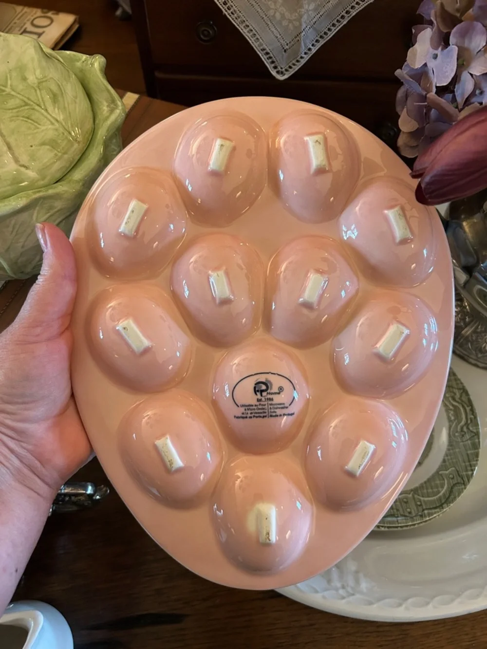 Pink Ceramic Deviled Egg Plate Made in Portugal - Picture 3 of 5